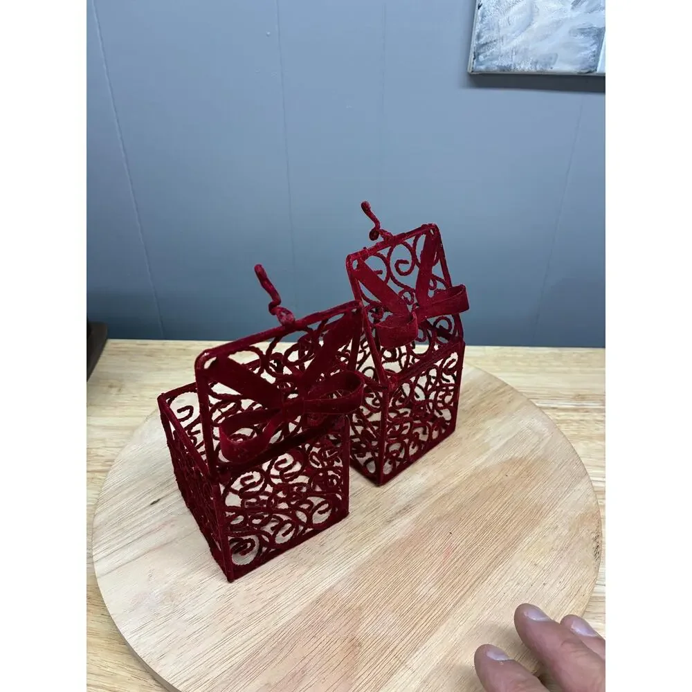 Pair of Red Velvet Gift Box Ornaments | Flocked Metal Filigree Boxes with Bows